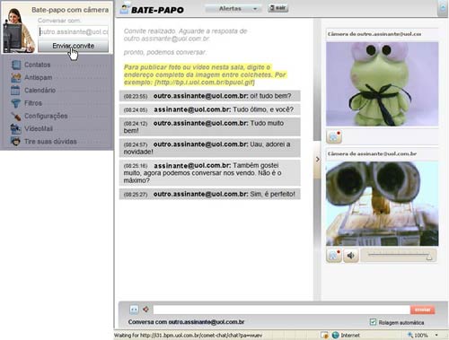 Digite o e-mail do destinat�rio pelo menu lateral do webmail, clique em 'Enviar convite', e uma sala de bate-papo instant�neo ser� aberta, com transmiss�o de imagens