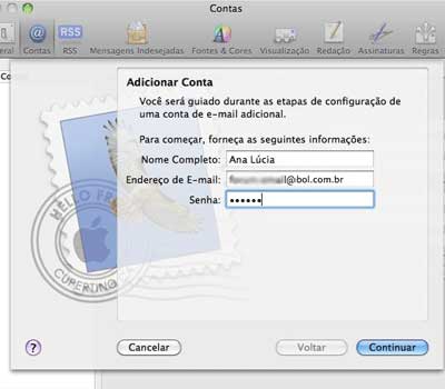 Preencha o quadrinho com as informações pedidas sobre a conta que você deseja configurar para o IMAP: seu nome, o login do seu BOL Mail e a senha de acesso. Clique em em
