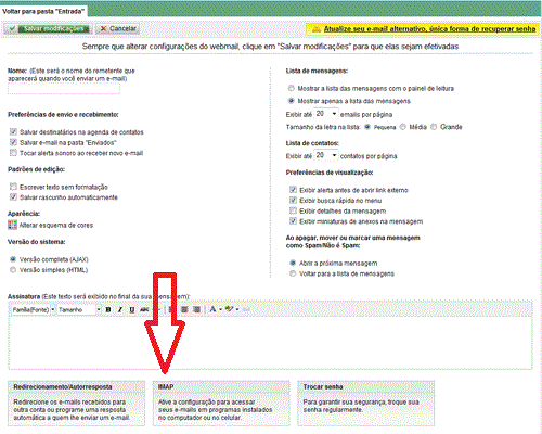 Preencha as configurações de recebimento IMAP